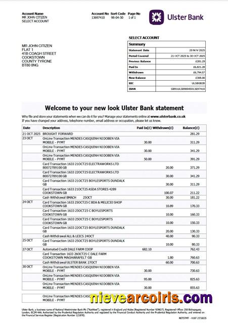UK Ulster Bank statement Word and PDF